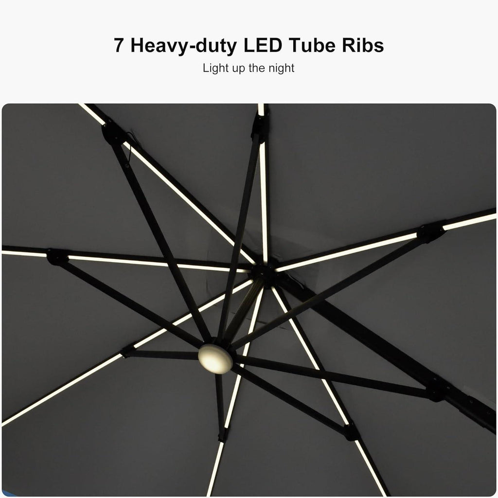 PURPLE LEAF – Parasol de terrasse déporté 10ft avec éclairage LED, rotation 360° et inclinaison