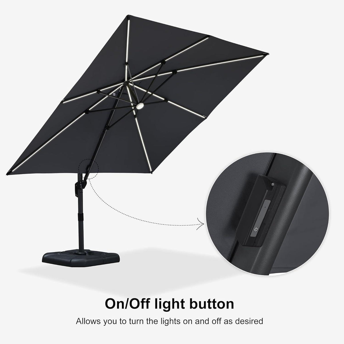 PURPLE LEAF – Parasol de terrasse déporté 10ft avec éclairage LED, rotation 360° et inclinaison