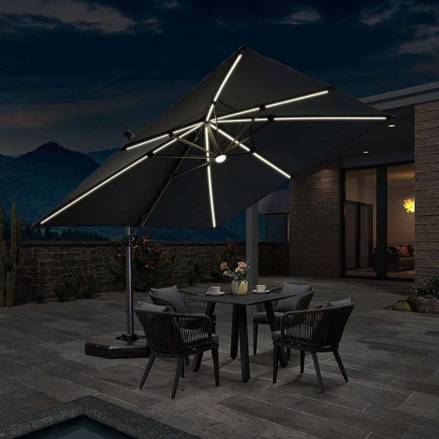 PURPLE LEAF – Parasol de terrasse déporté 10ft avec éclairage LED, rotation 360° et inclinaison