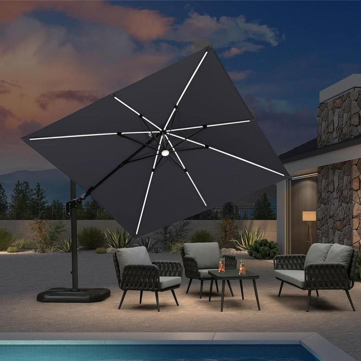 PURPLE LEAF – Parasol de terrasse déporté 10ft avec éclairage LED, rotation 360° et inclinaison