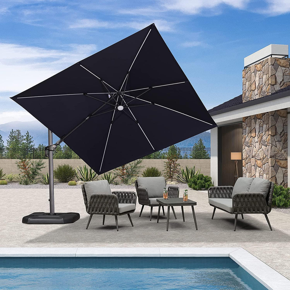 PURPLE LEAF – Parasol de terrasse déporté 10ft avec éclairage LED, rotation 360° et inclinaison