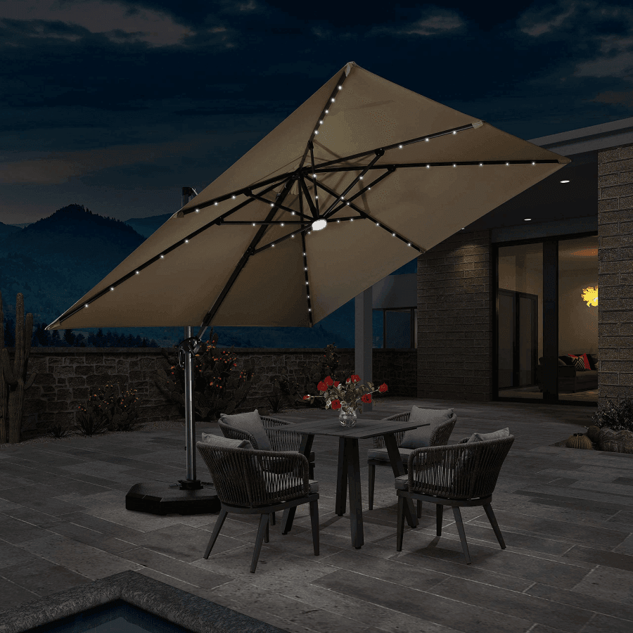 PURPLE LEAF – Parasol de terrasse déporté 10ft avec éclairage LED, rotation 360° et inclinaison