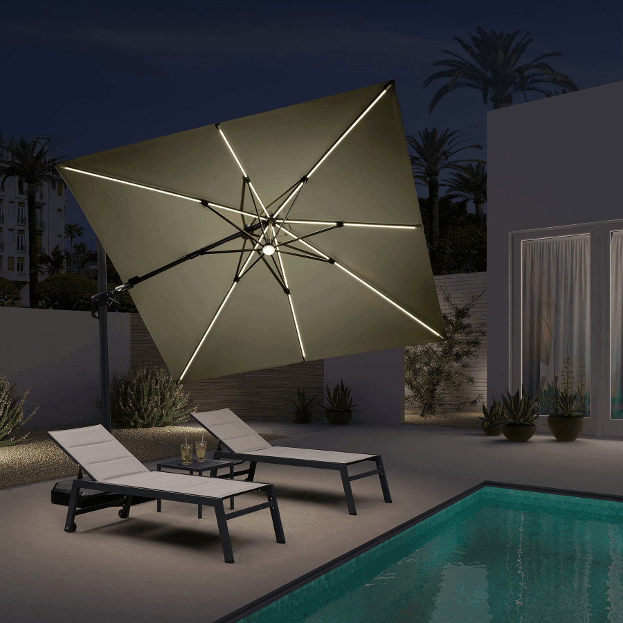 PURPLE LEAF – Parasol de terrasse déporté 10ft avec éclairage LED, rotation 360° et inclinaison