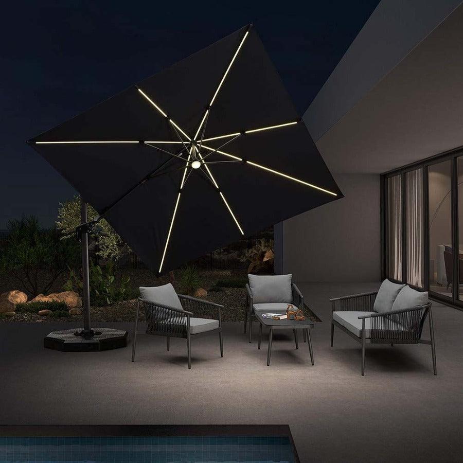 PURPLE LEAF – Parasol de terrasse déporté 10ft avec éclairage LED, rotation 360° et inclinaison