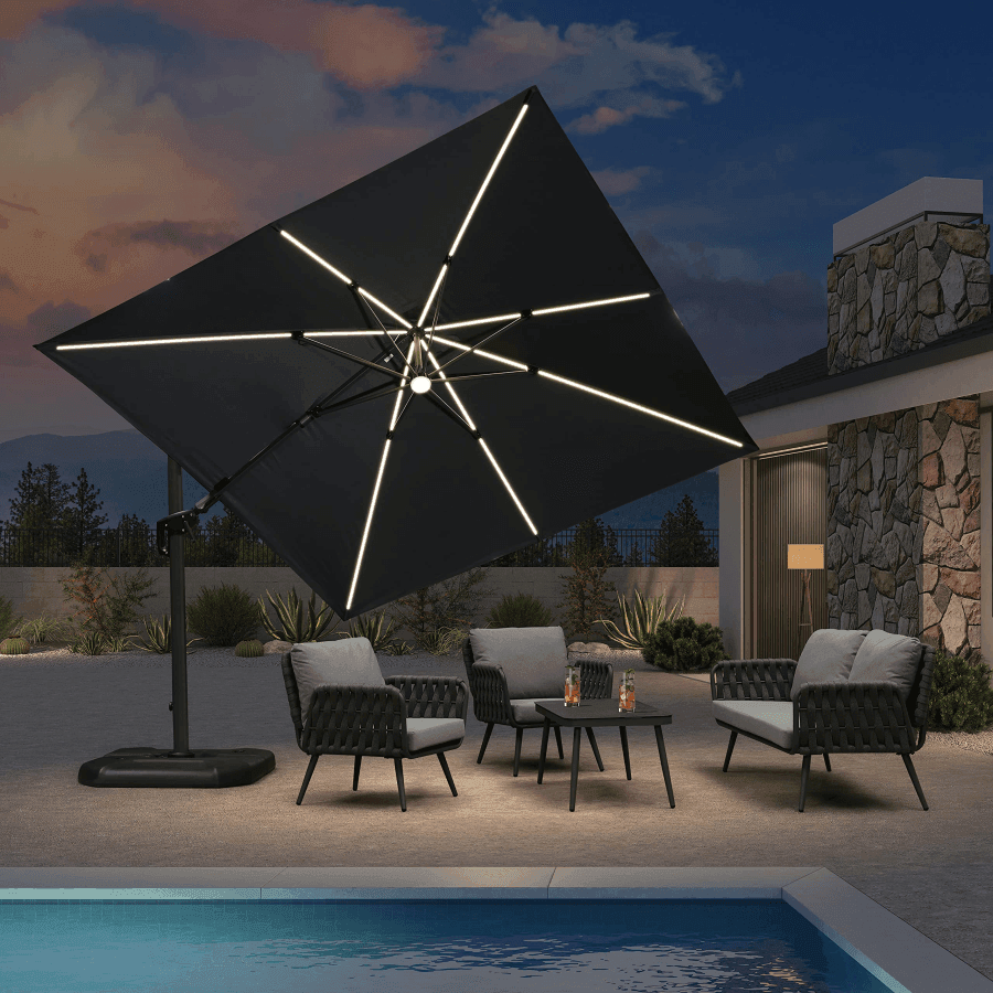 PURPLE LEAF – Parasol de terrasse déporté 10ft avec éclairage LED, rotation 360° et inclinaison