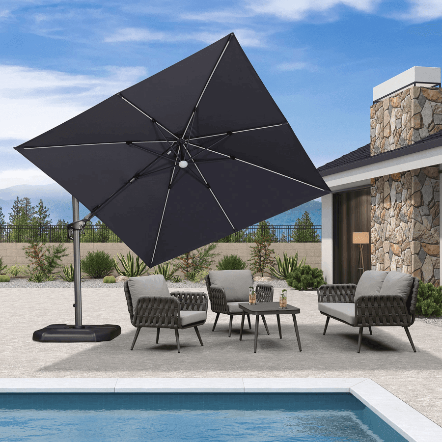 PURPLE LEAF – Parasol de terrasse déporté 10ft avec éclairage LED, rotation 360° et inclinaison