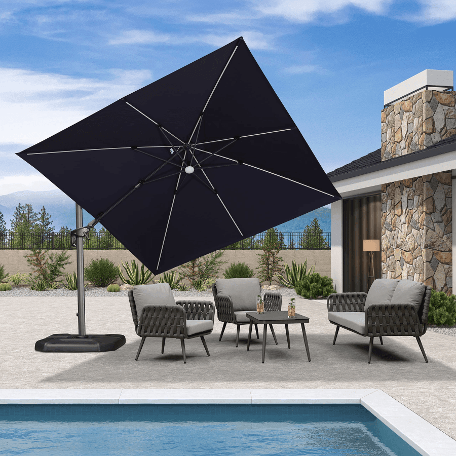 PURPLE LEAF – Parasol de terrasse déporté 10ft avec éclairage LED, rotation 360° et inclinaison