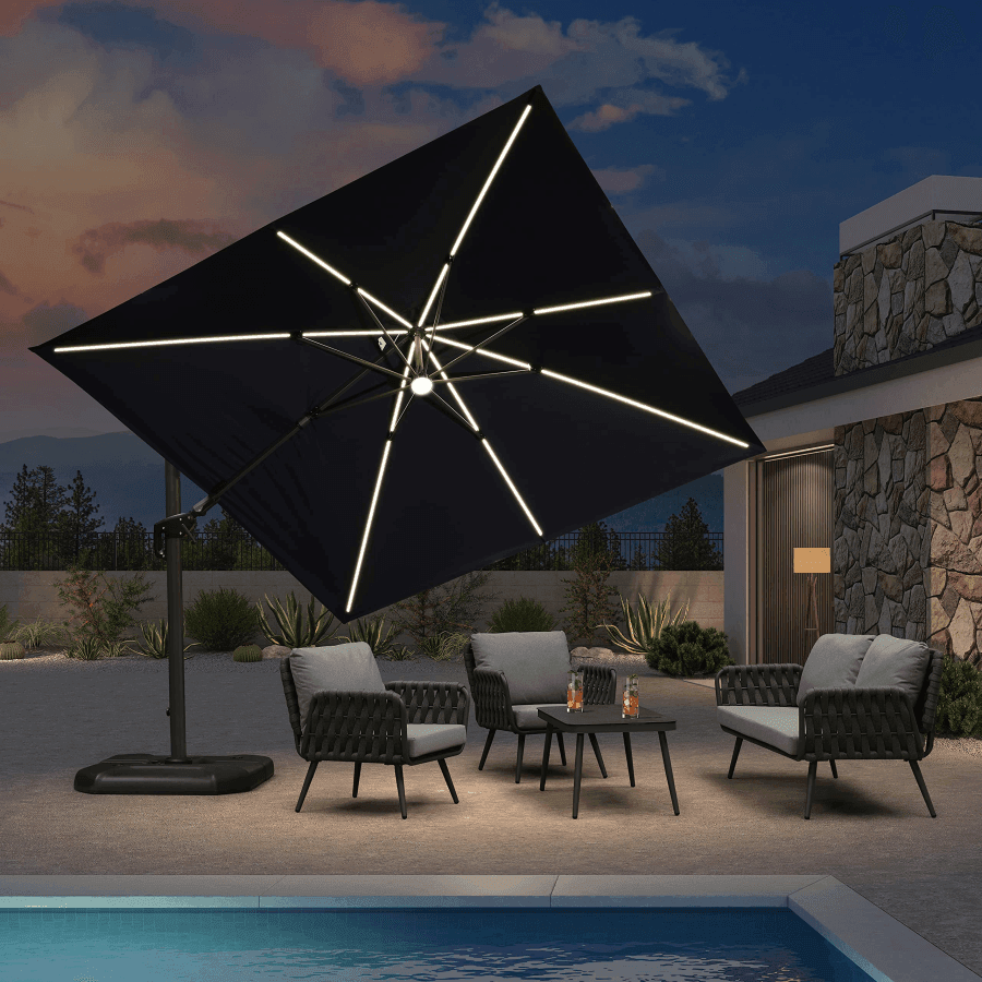 PURPLE LEAF – Parasol de terrasse déporté 10ft avec éclairage LED, rotation 360° et inclinaison