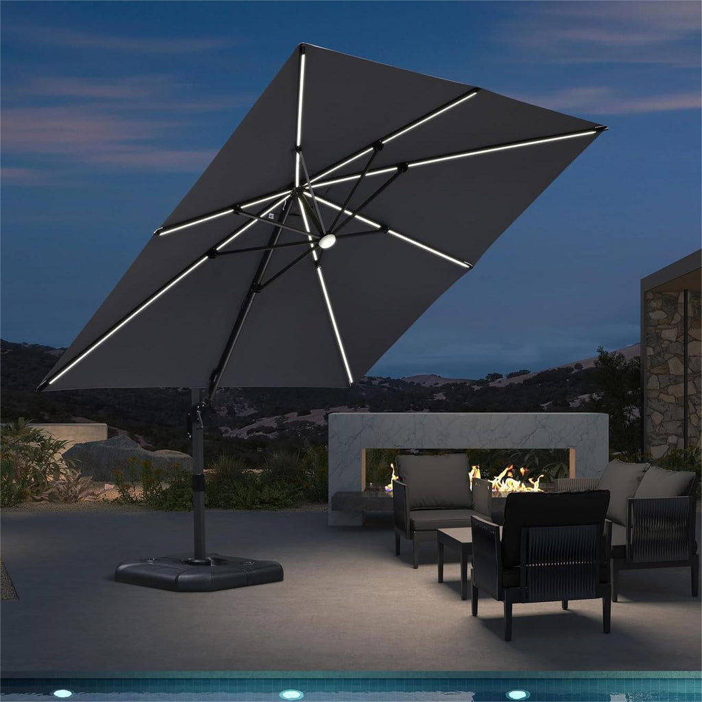 PURPLE LEAF – Parasol de terrasse déporté 10ft avec éclairage LED, rotation 360° et inclinaison
