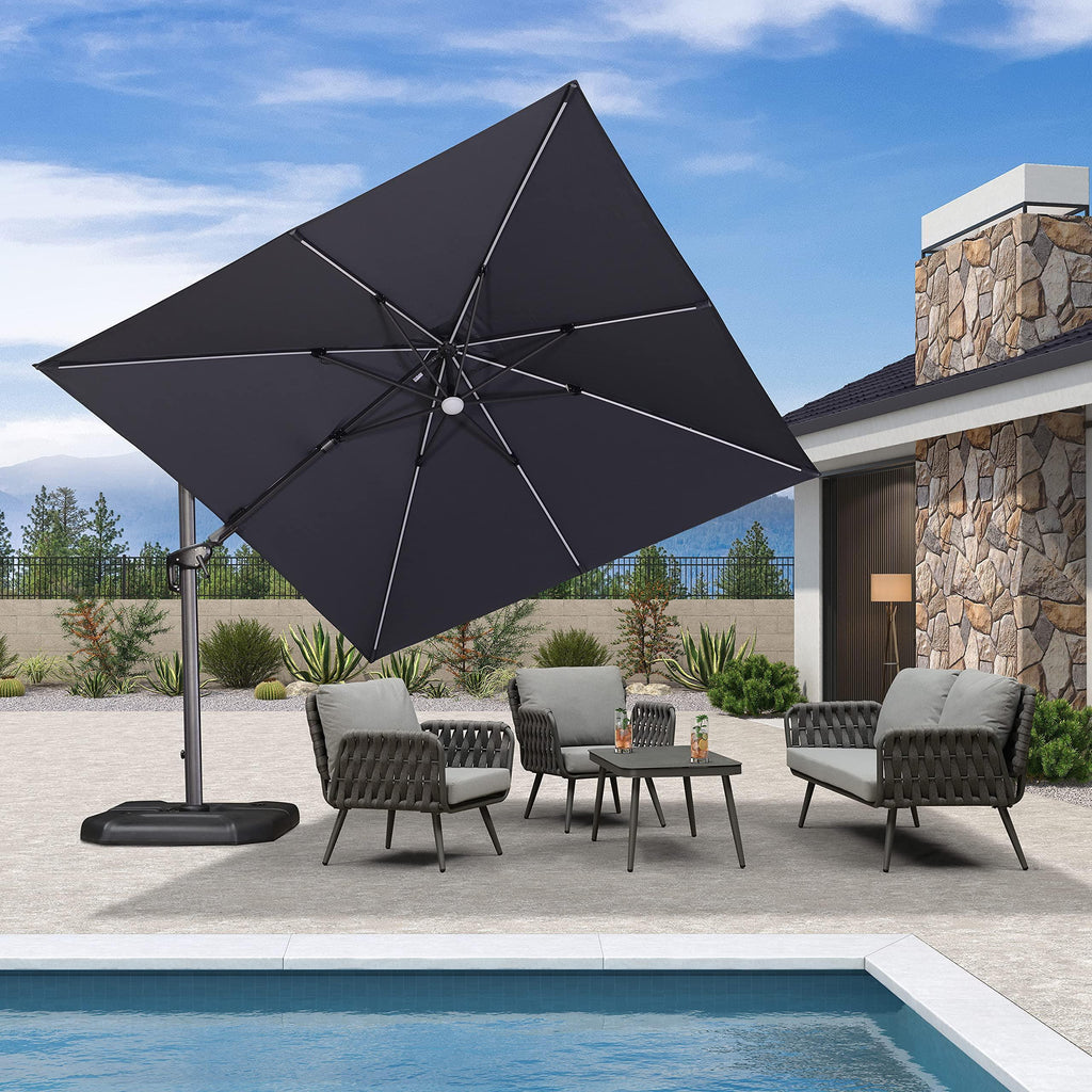 PURPLE LEAF – Parasol de terrasse déporté 10ft avec éclairage LED, rotation 360° et inclinaison