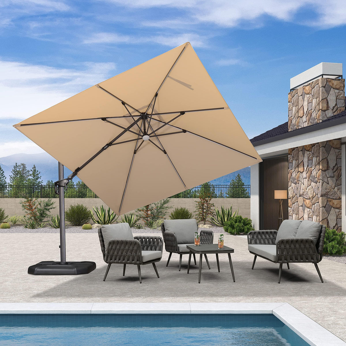 PURPLE LEAF – Parasol de terrasse déporté 10ft avec éclairage LED, rotation 360° et inclinaison