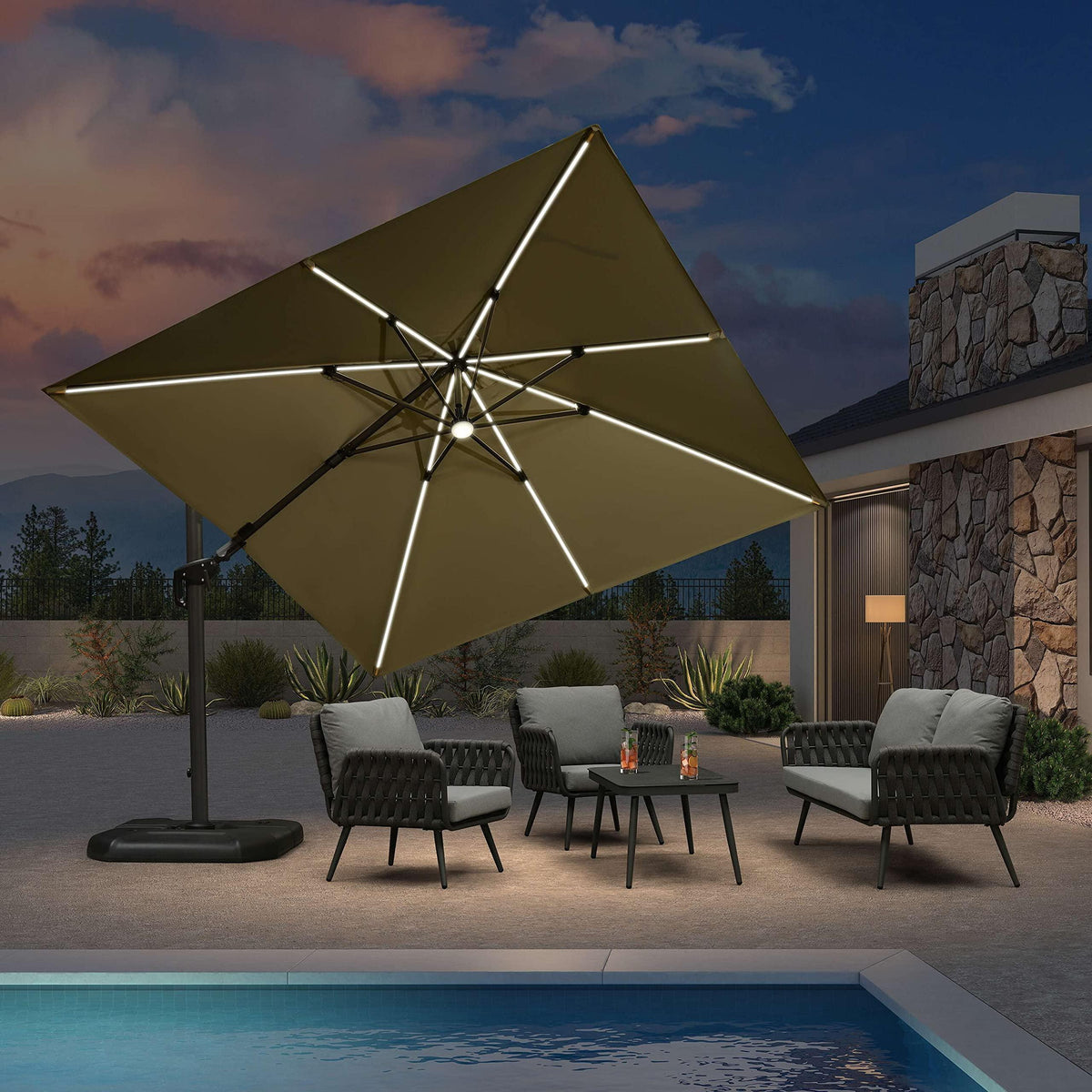 PURPLE LEAF – Parasol de terrasse déporté 10ft avec éclairage LED, rotation 360° et inclinaison
