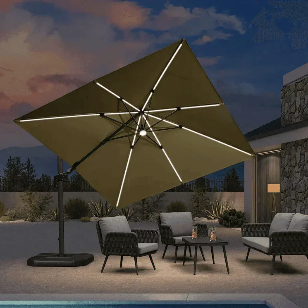 PURPLE LEAF – Parasol de terrasse déporté 10ft avec éclairage LED, rotation 360° et inclinaison