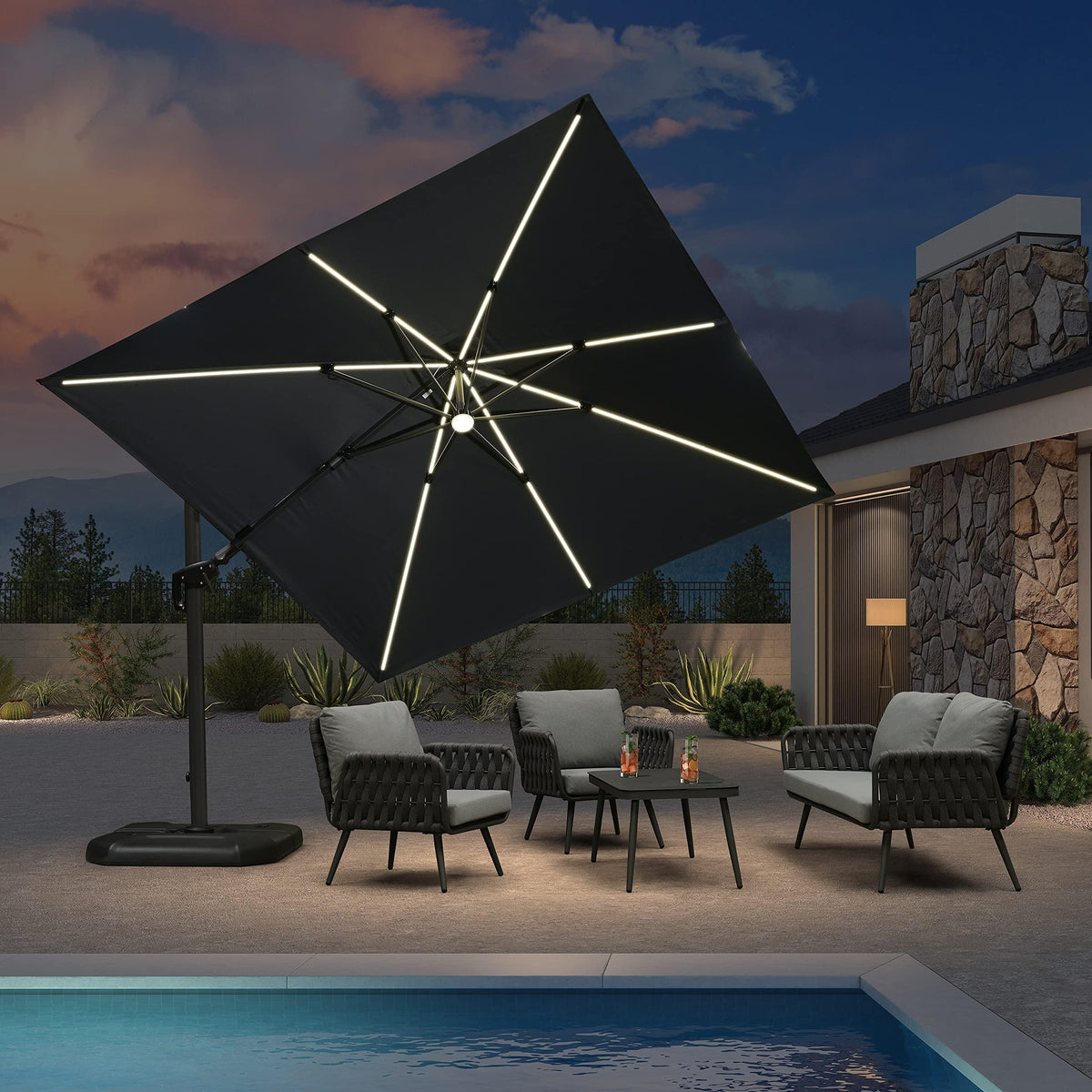 PURPLE LEAF – Parasol de terrasse déporté 10ft avec éclairage LED, rotation 360° et inclinaison