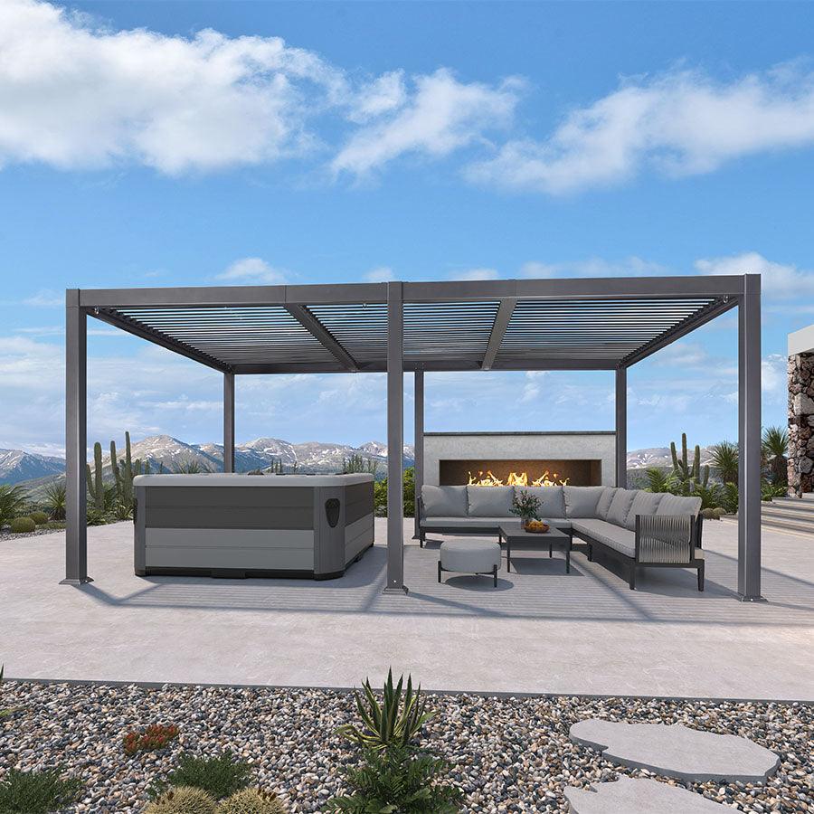 PURPLE LEAF Caesar Solar Louvered Pergola with LED Strip Lights and Control Panel Aluminum Outdoor Pergola with Adjustable Roof for Patio Deck Garden Yard Gray
