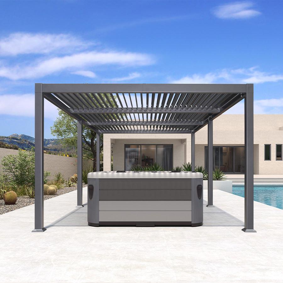 PURPLE LEAF Caesar Solar Louvered Pergola with LED Strip Lights and Control Panel Aluminum Outdoor Pergola with Adjustable Roof for Patio Deck Garden Yard Gray