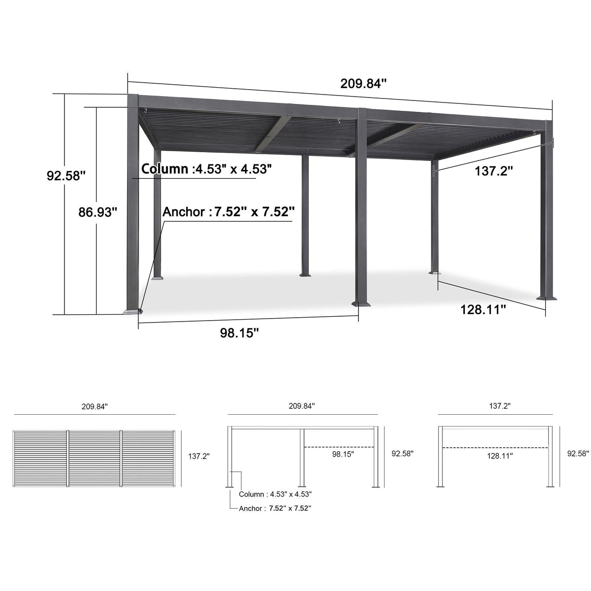 PURPLE LEAF Caesar Solar Louvered Pergola with LED Strip Lights and Control Panel Aluminum Outdoor Pergola with Adjustable Roof for Patio Deck Garden Yard Gray