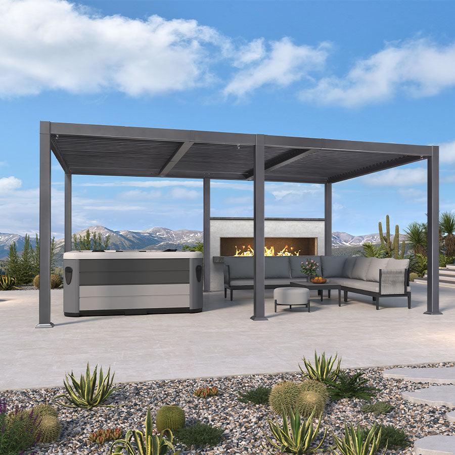 PURPLE LEAF Caesar Solar Louvered Pergola with LED Strip Lights and Control Panel Aluminum Outdoor Pergola with Adjustable Roof for Patio Deck Garden Yard Gray