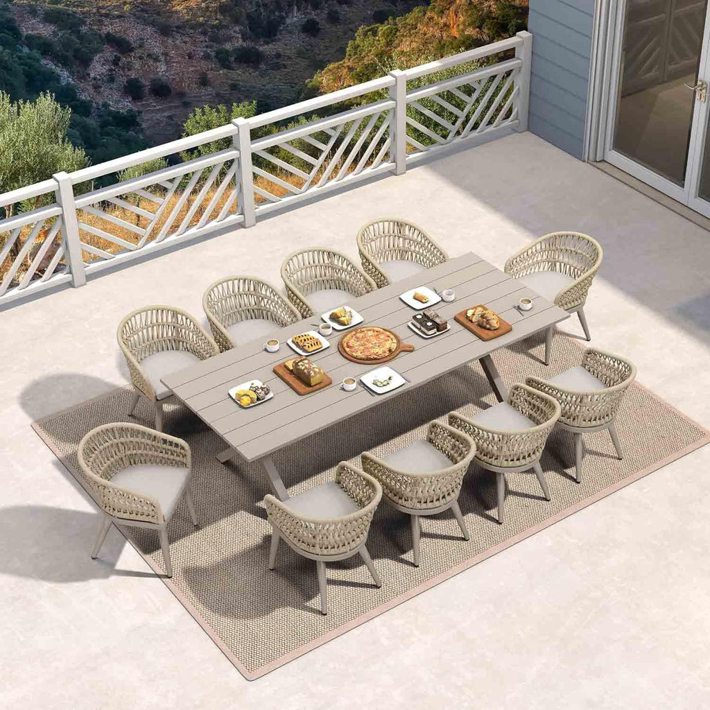 PURPLE LEAF Modern Outdoor Dining Table with 6/8/10 Seats, All-Weather Aluminum Table and Rattan Chairs with Cushions, Champagne
