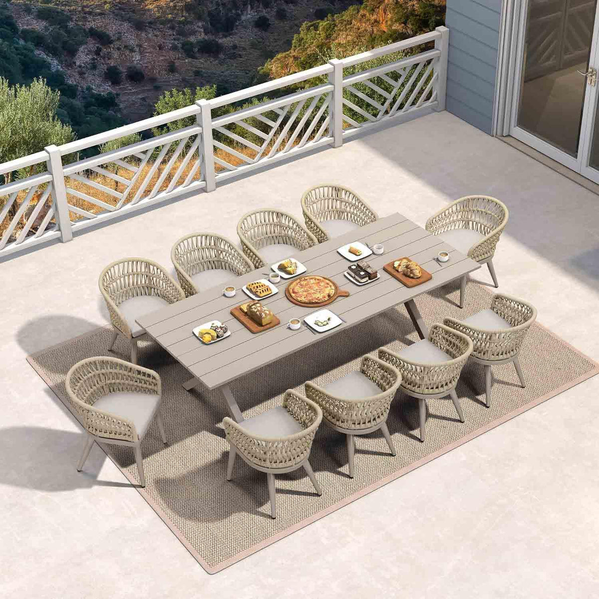 PURPLE LEAF Modern Outdoor Dining Table with 6/8/10 Seats, All-Weather Aluminum Table and Rattan Chairs with Cushions, Champagne