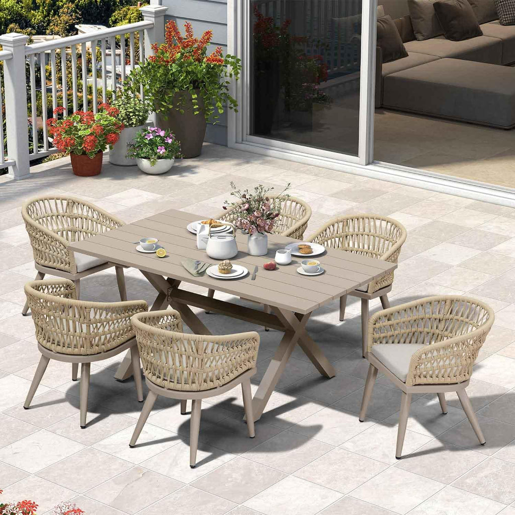 PURPLE LEAF Modern Outdoor Dining Table with 6/8/10 Seats, All-Weather Aluminum Table and Rattan Chairs with Cushions, Champagne