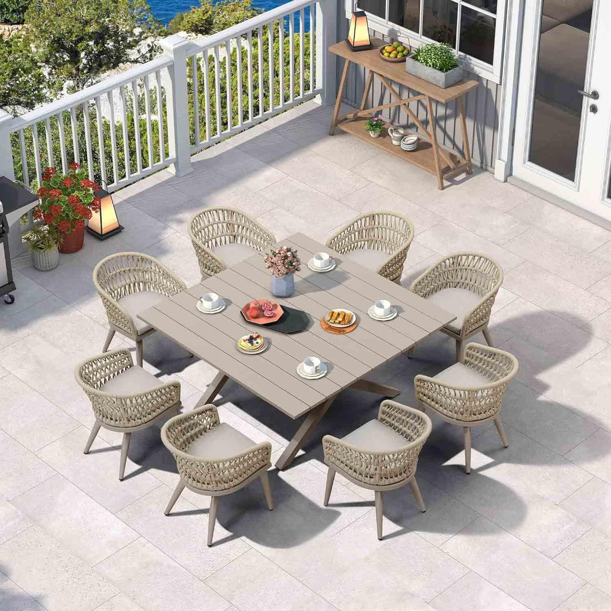 PURPLE LEAF Modern Outdoor Dining Table with 6/8/10 Seats, All-Weather Aluminum Table and Rattan Chairs with Cushions, Champagne