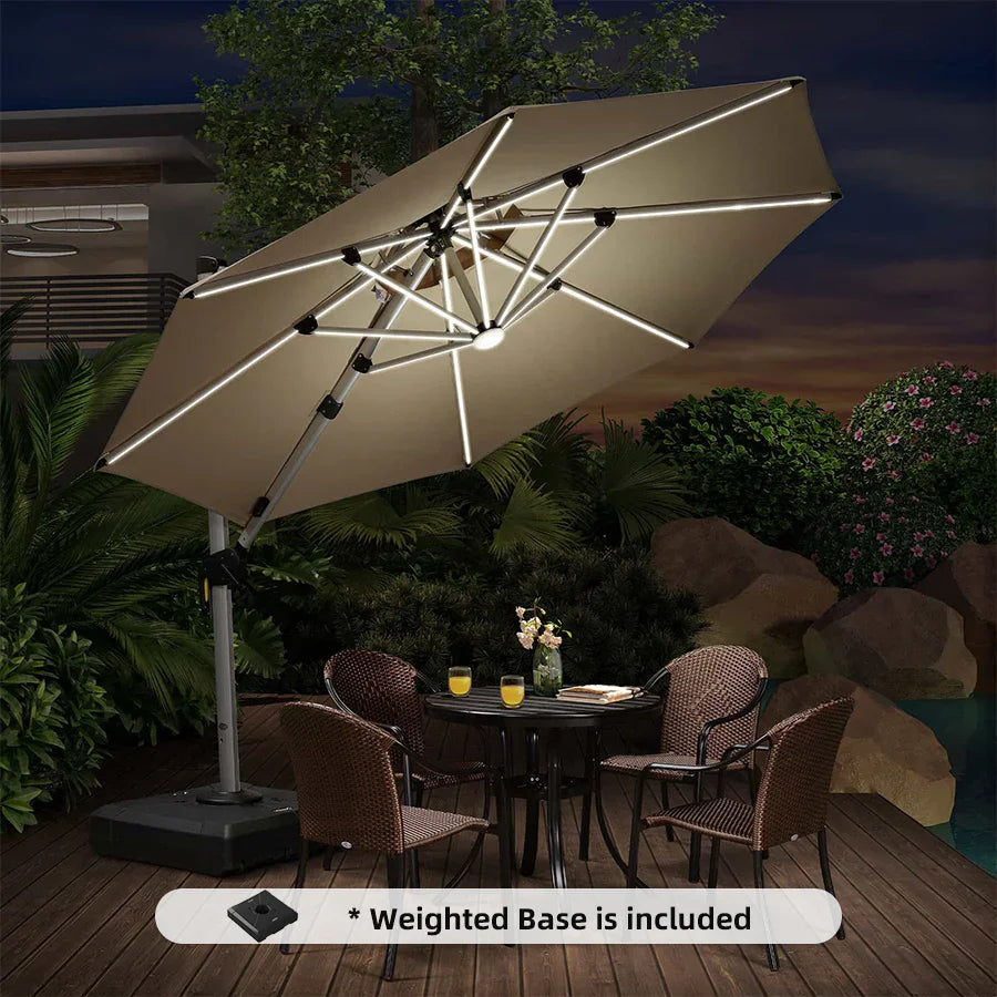 PURPLE LEAF Round Cantilever Umbrella with Base, Outdoor Umbrellas with Lights