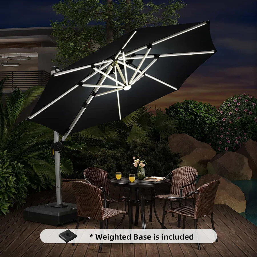 PURPLE LEAF Round Cantilever Umbrella with Base, Outdoor Umbrellas with Lights