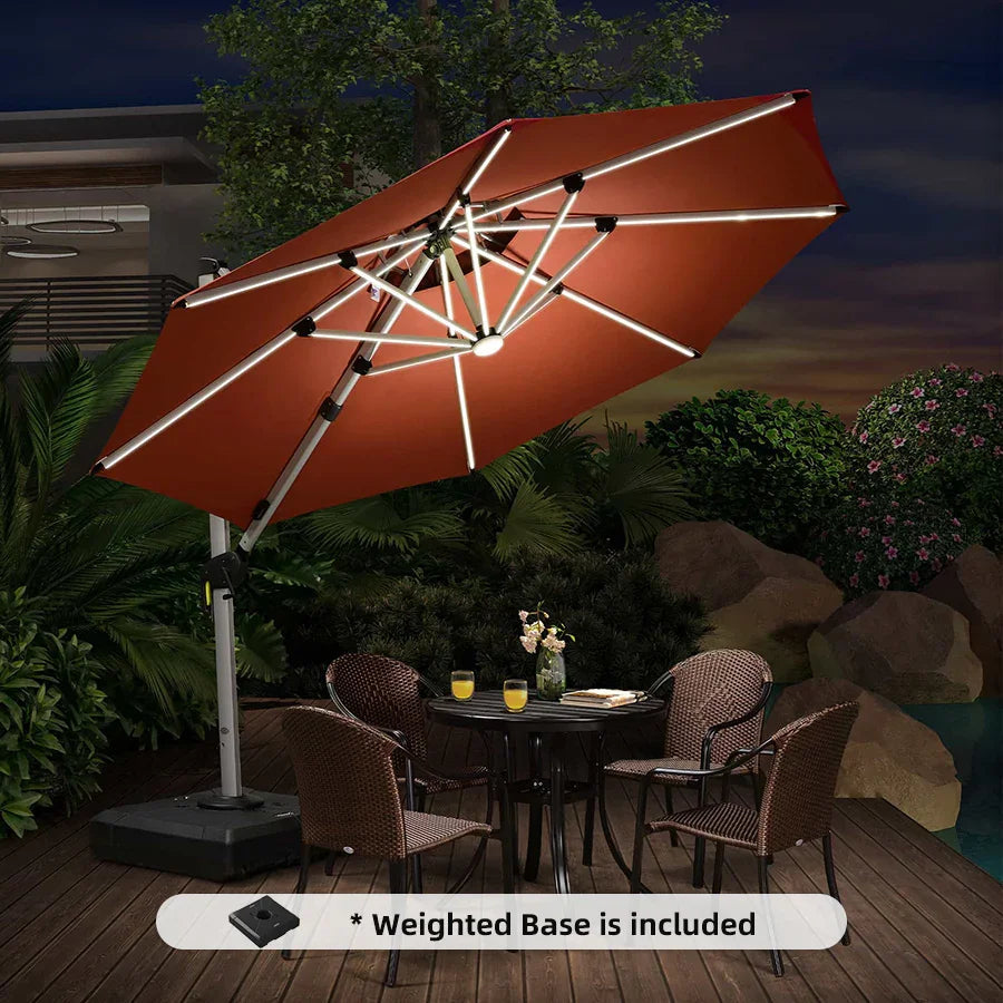 PURPLE LEAF Round Cantilever Umbrella with Base, Outdoor Umbrellas with Lights