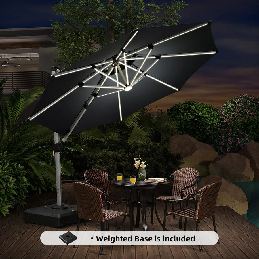 PURPLE LEAF Round Cantilever Umbrella with Base, Outdoor Umbrellas with Lights