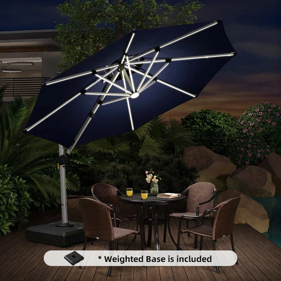 PURPLE LEAF Round Cantilever Umbrella with Base, Outdoor Umbrellas with Lights