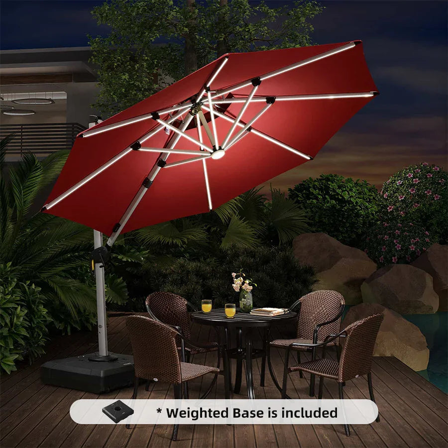 PURPLE LEAF Round Cantilever Umbrella with Base, Outdoor Umbrellas with Lights