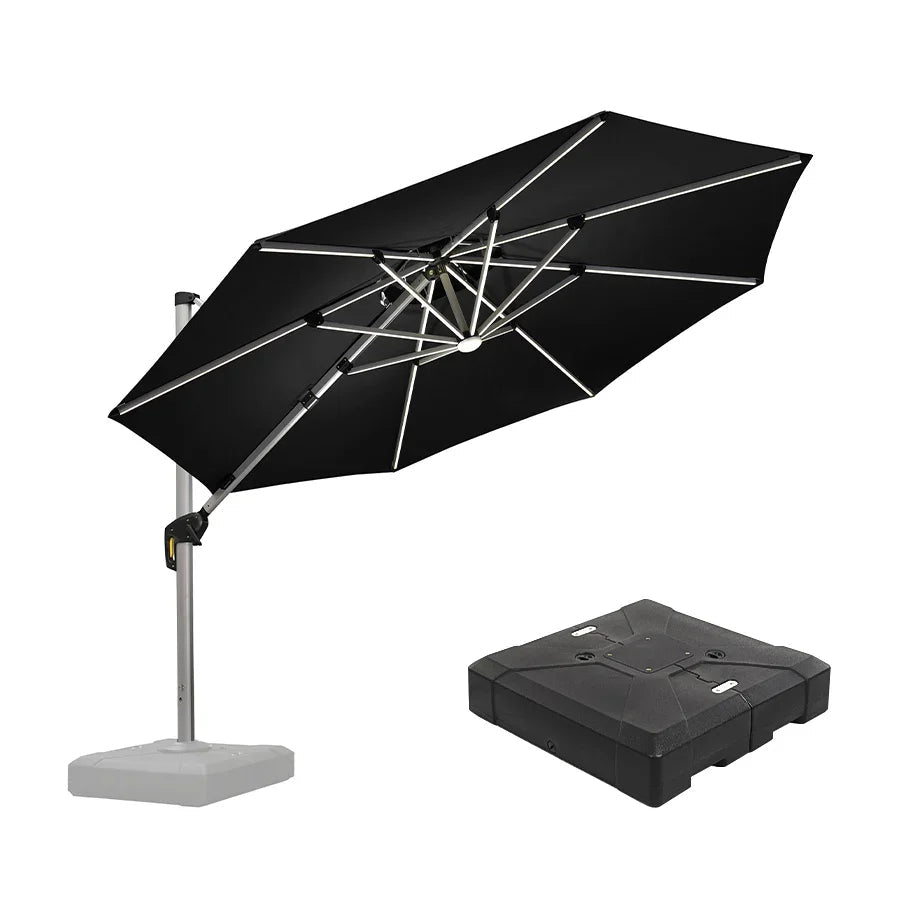 PURPLE LEAF Round Cantilever Umbrella with Base, Outdoor Umbrellas with Lights