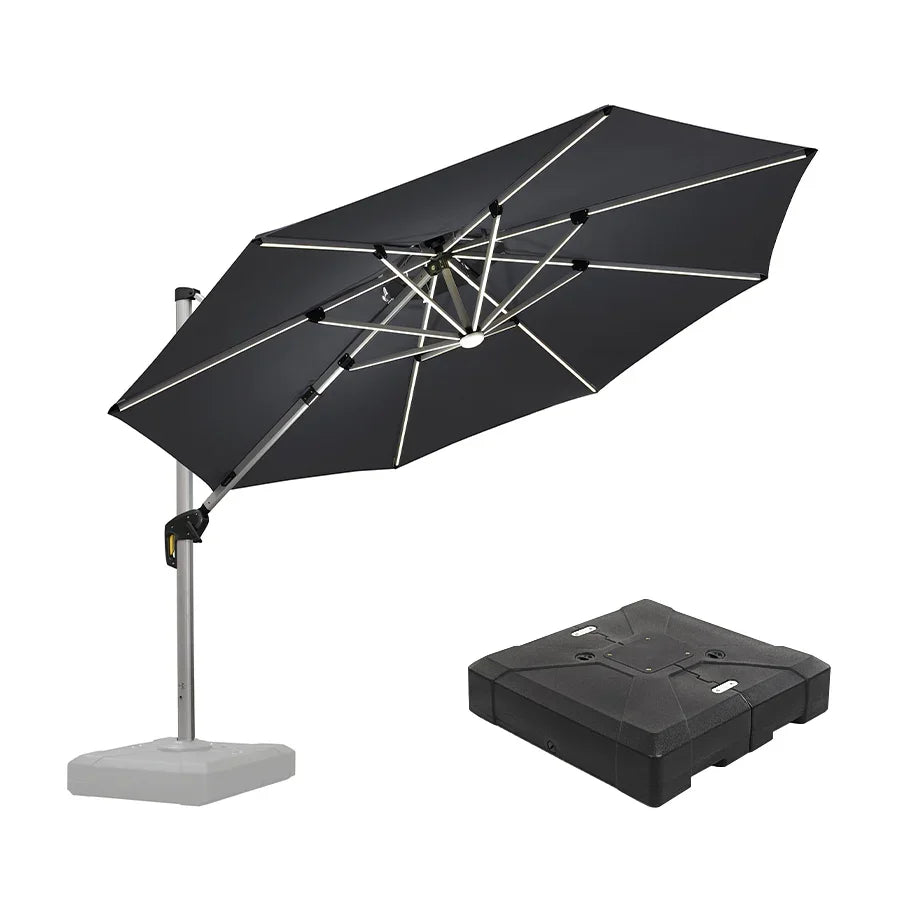 PURPLE LEAF Round Cantilever Umbrella with Base, Outdoor Umbrellas with Lights