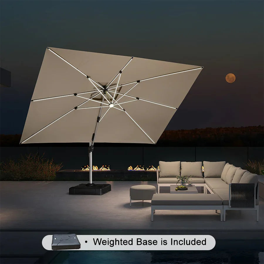 PURPLE LEAF Rectangular Cantilever Umbrella with Base, Outdoor Umbrellas with Lights