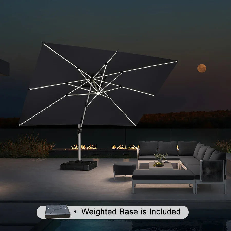 PURPLE LEAF Rectangular Cantilever Umbrella with Base, Outdoor Umbrellas with Lights