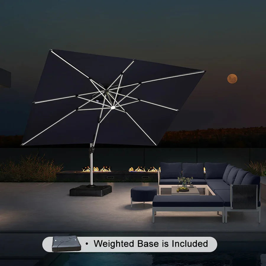 PURPLE LEAF Rectangular Cantilever Umbrella with Base, Outdoor Umbrellas with Lights