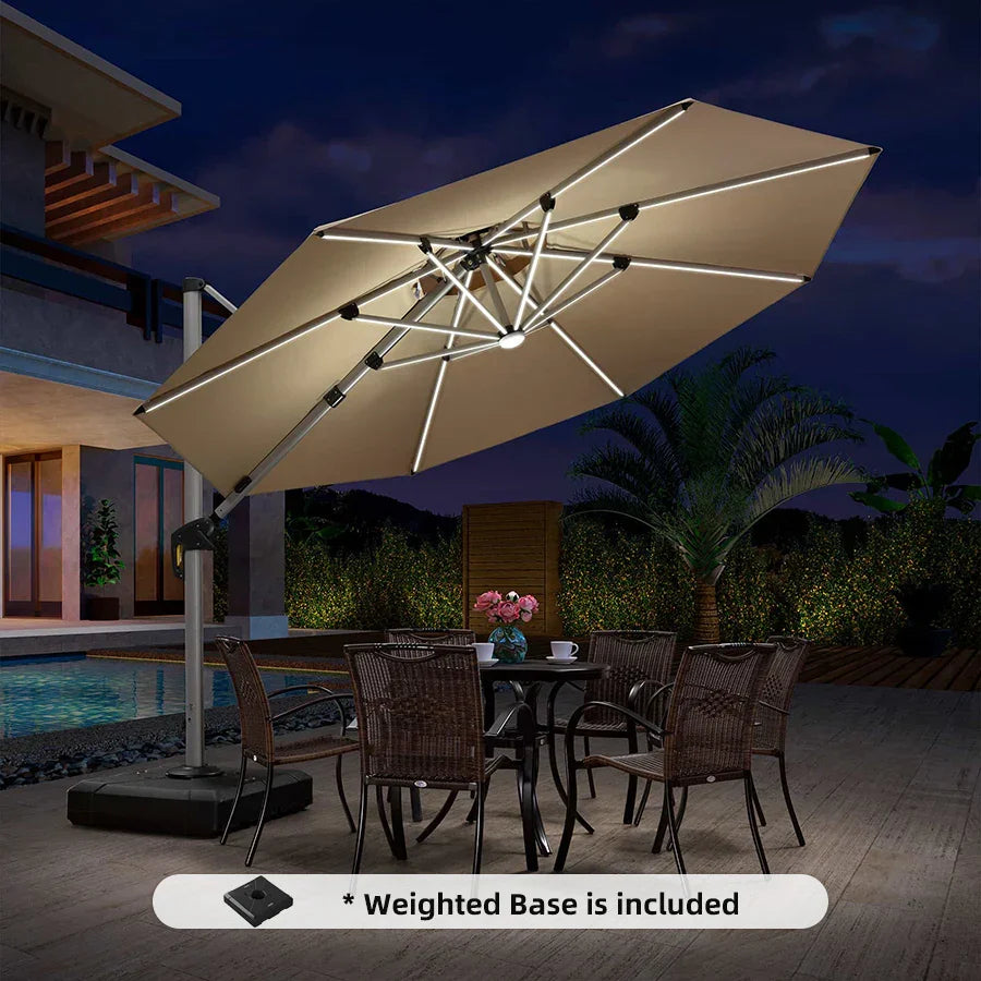 PURPLE LEAF Round Cantilever Umbrella with Base, Outdoor Umbrellas with Lights