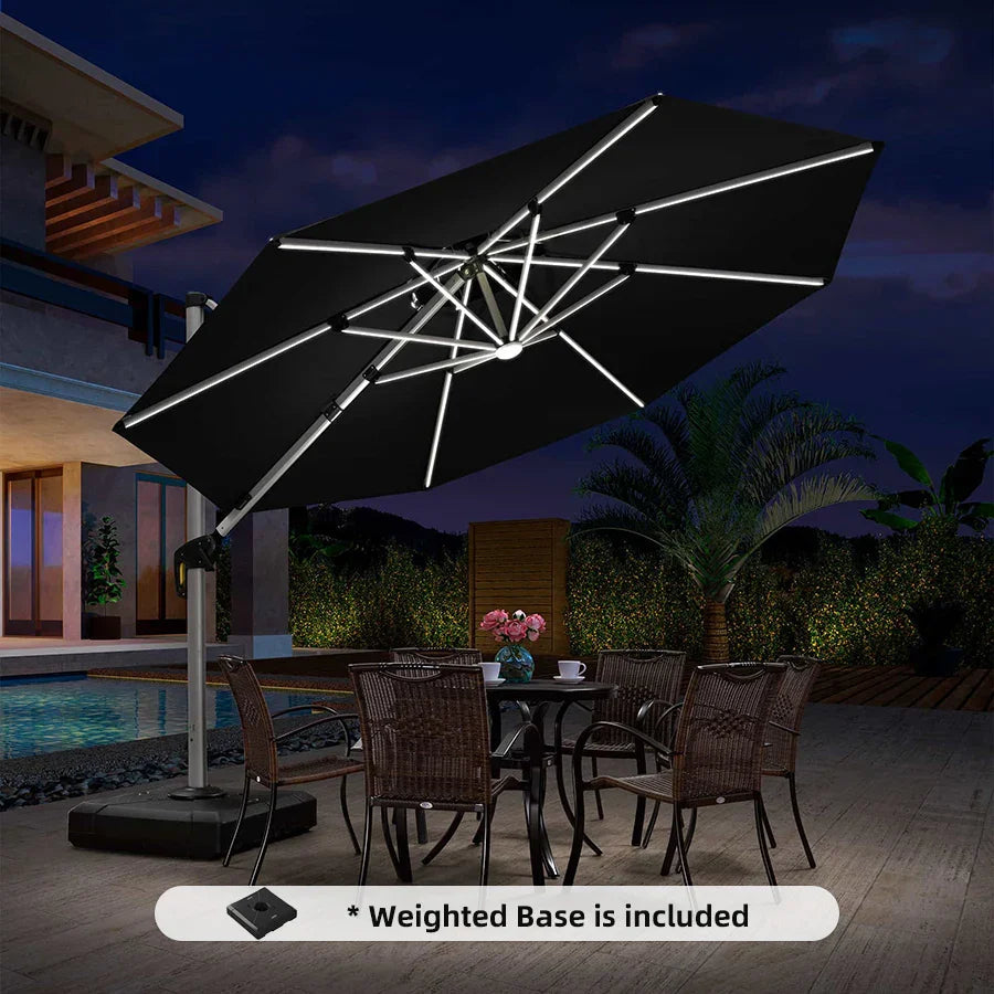 PURPLE LEAF Round Cantilever Umbrella with Base, Outdoor Umbrellas with Lights