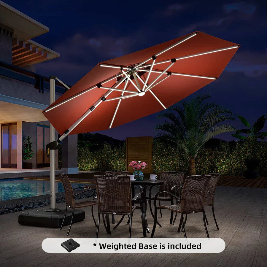 PURPLE LEAF Round Cantilever Umbrella with Base, Outdoor Umbrellas with Lights