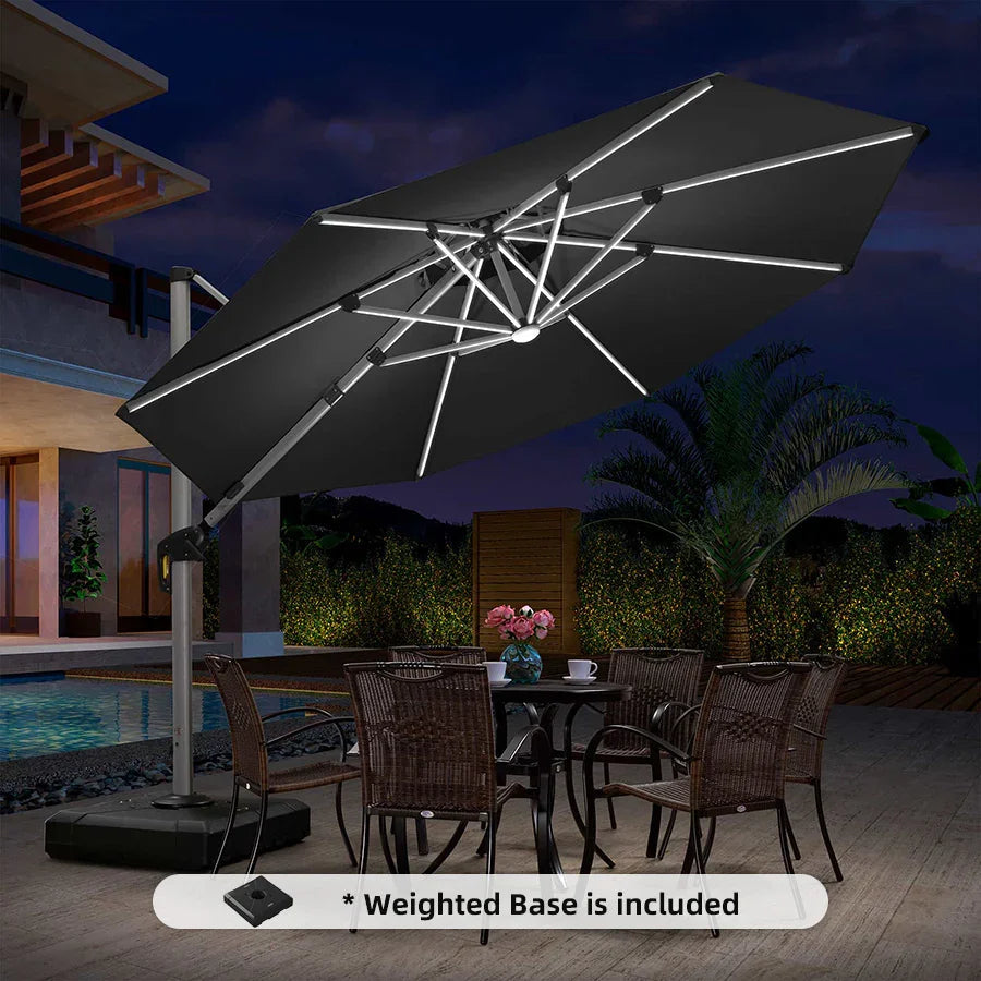PURPLE LEAF Round Cantilever Umbrella with Base, Outdoor Umbrellas with Lights