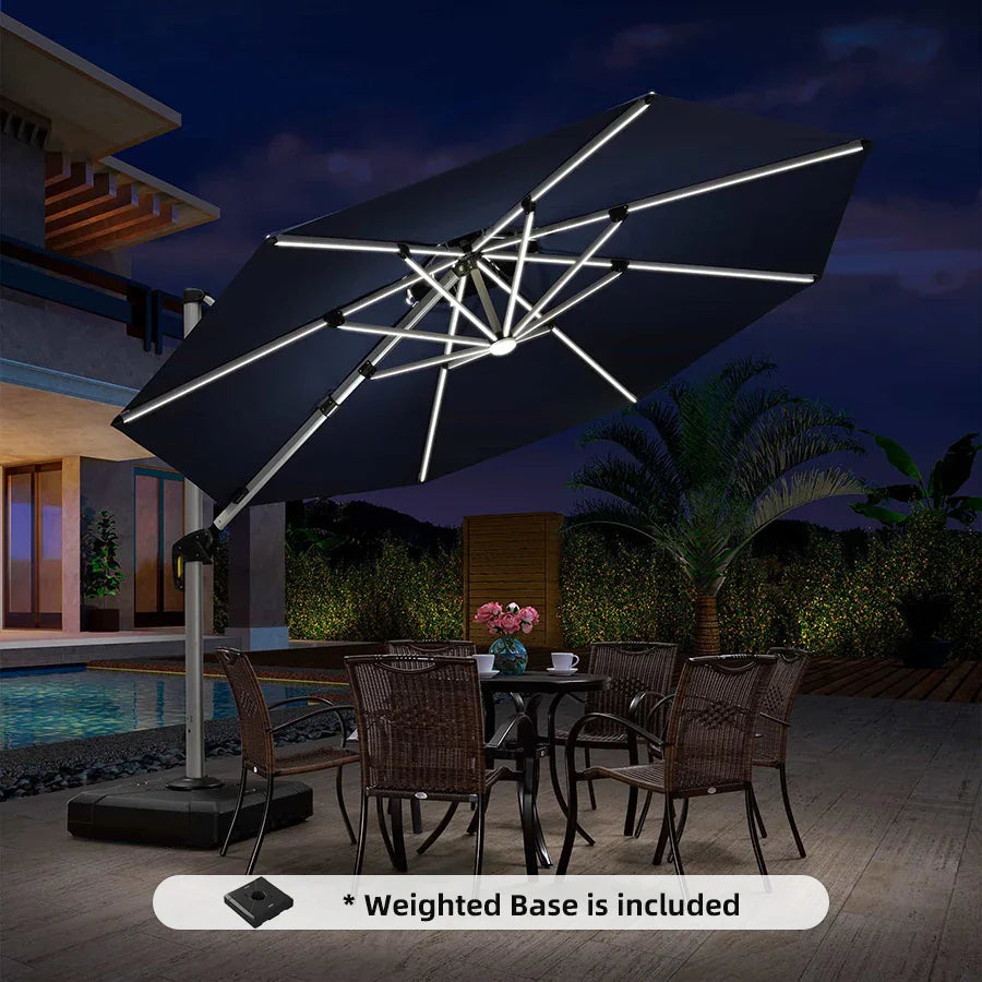 PURPLE LEAF Round Cantilever Umbrella with Base, Outdoor Umbrellas with Lights