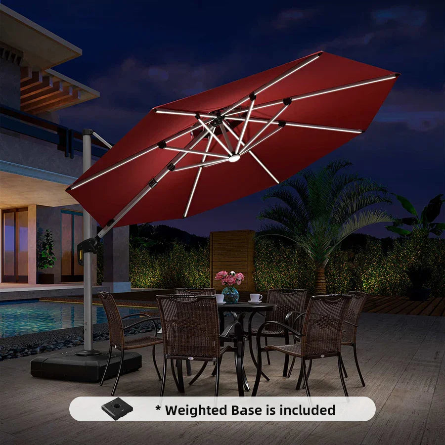PURPLE LEAF Round Cantilever Umbrella with Base, Outdoor Umbrellas with Lights
