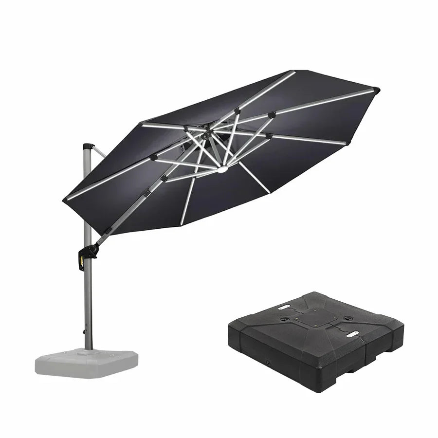 PURPLE LEAF Round Cantilever Umbrella with Base, Outdoor Umbrellas with Lights