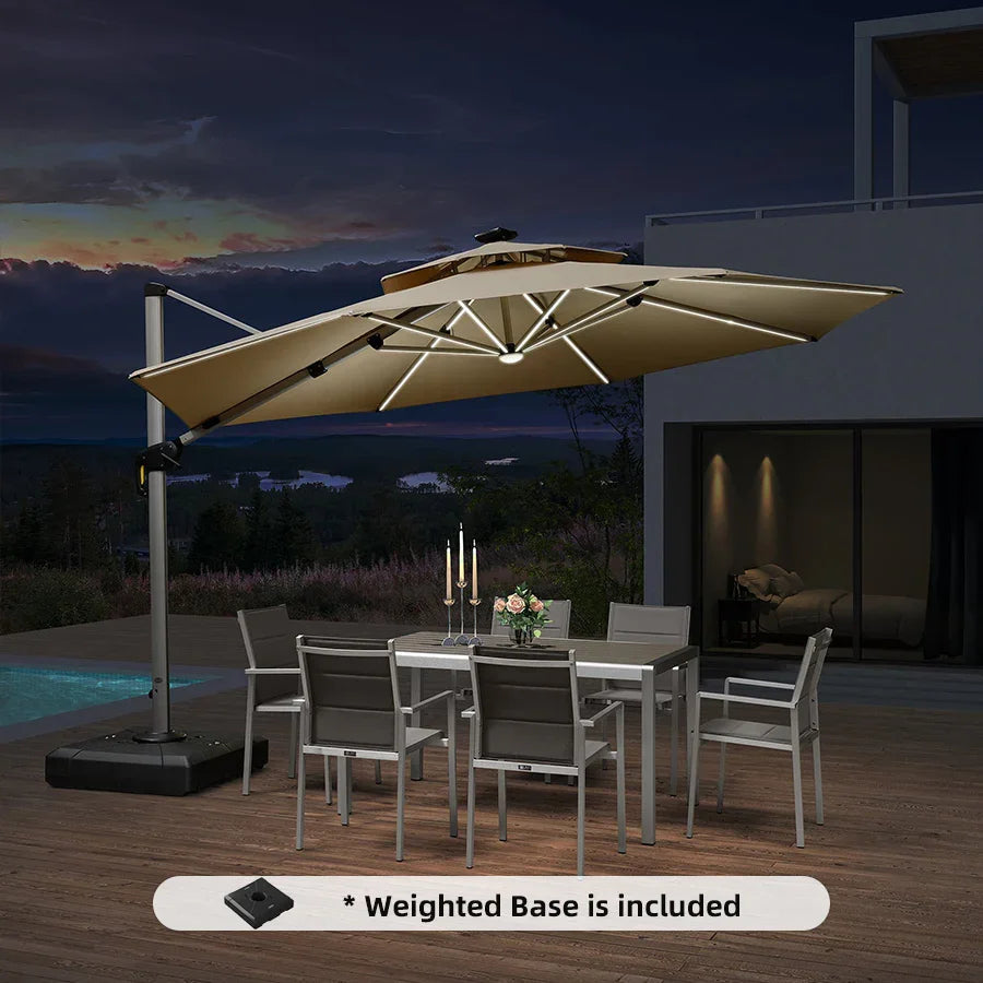PURPLE LEAF Round Cantilever Umbrella with Base, Outdoor Umbrellas with Lights