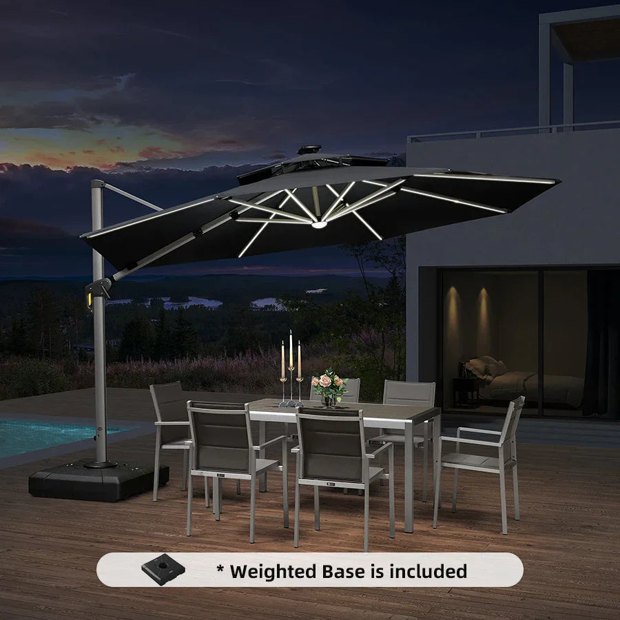 PURPLE LEAF Round Cantilever Umbrella with Base, Outdoor Umbrellas with Lights