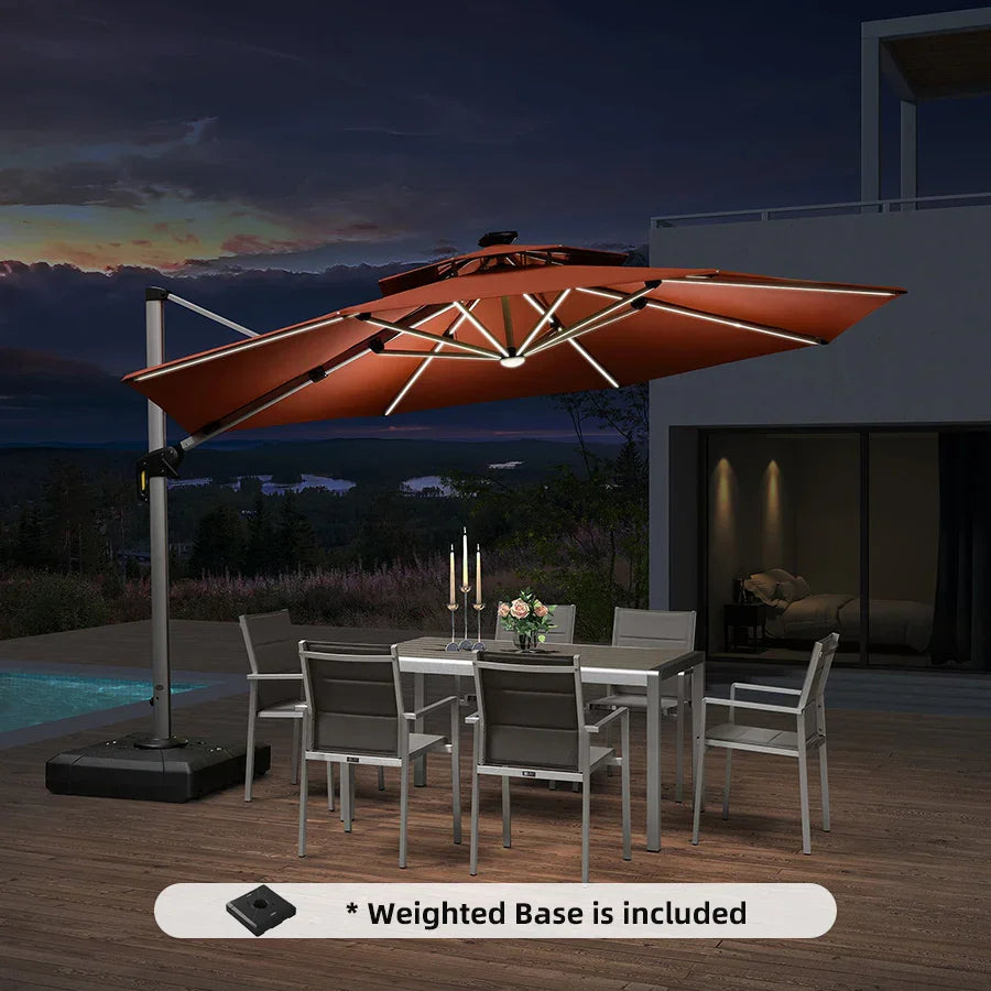 PURPLE LEAF Round Cantilever Umbrella with Base, Outdoor Umbrellas with Lights