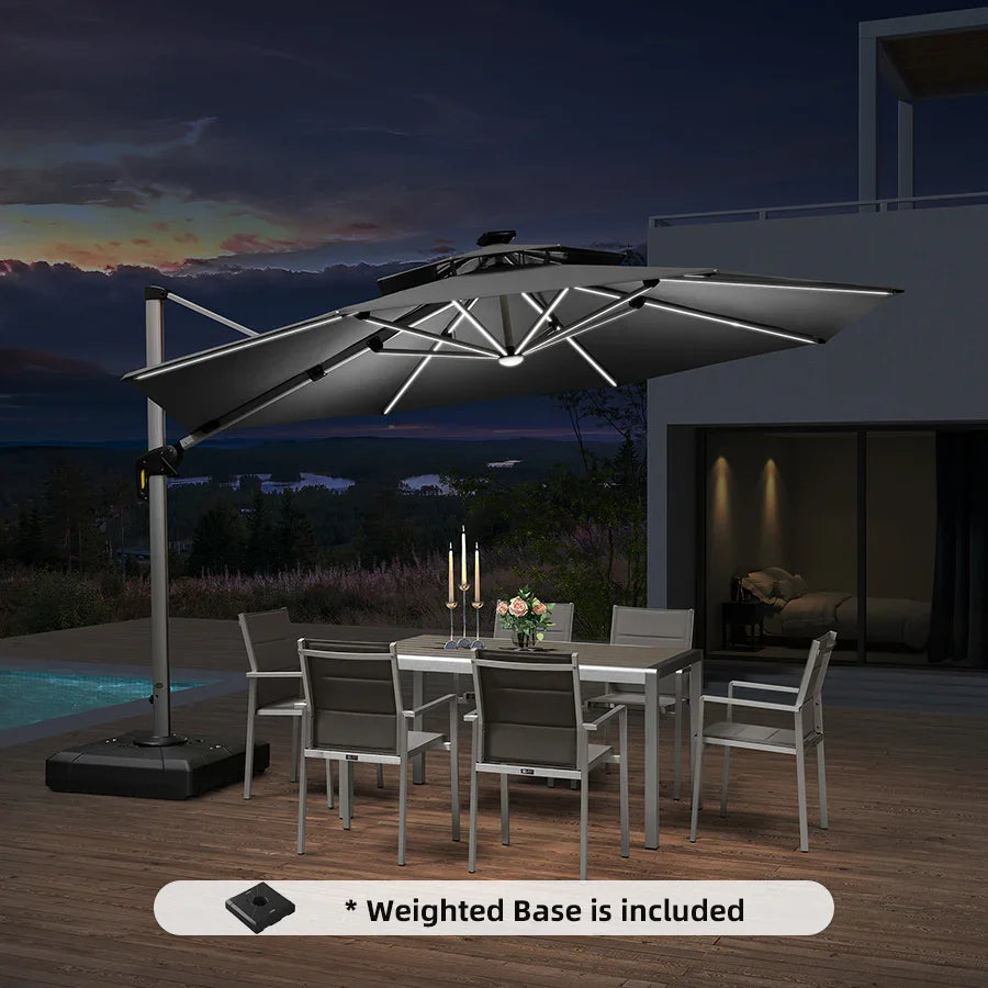 PURPLE LEAF Round Cantilever Umbrella with Base, Outdoor Umbrellas with Lights