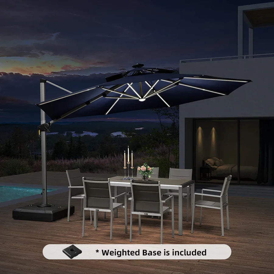 PURPLE LEAF Round Cantilever Umbrella with Base, Outdoor Umbrellas with Lights