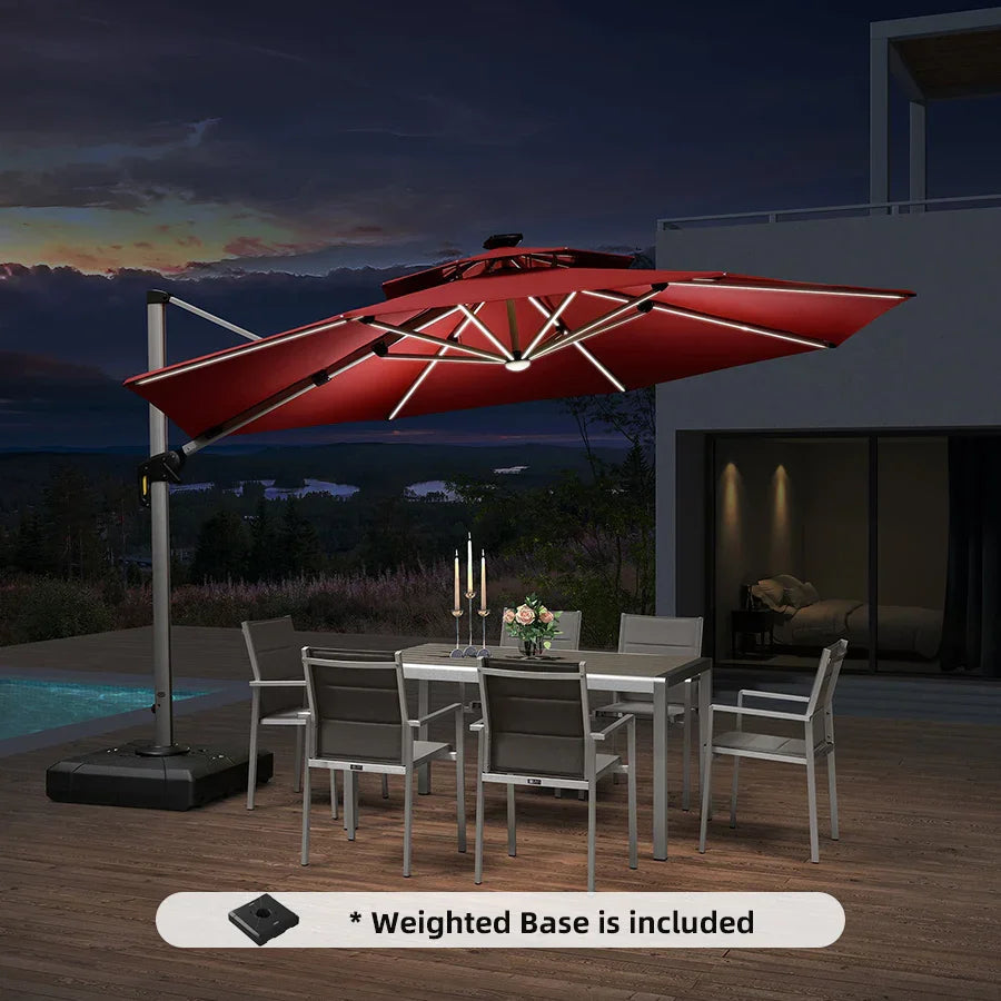 PURPLE LEAF Round Cantilever Umbrella with Base, Outdoor Umbrellas with Lights